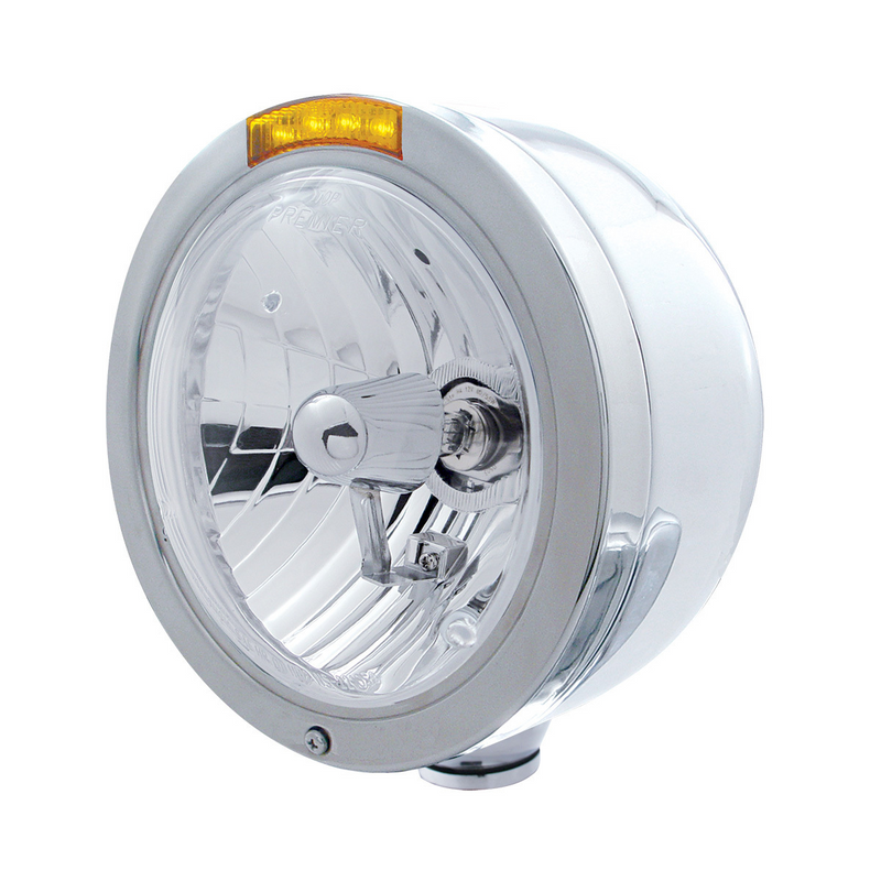 United Pacific Stainless Steel Bullet Half Moon Headlight Crystal H4 Bulb & LED Turn Signal Amber Lens 31713