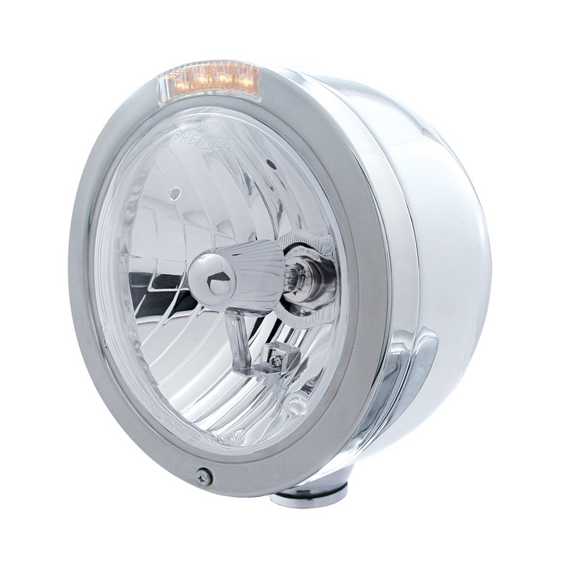 United Pacific Stainless Steel Bullet Half Moon Headlight Crystal H4 Bulb & LED Turn Signal Clear Lens 31714