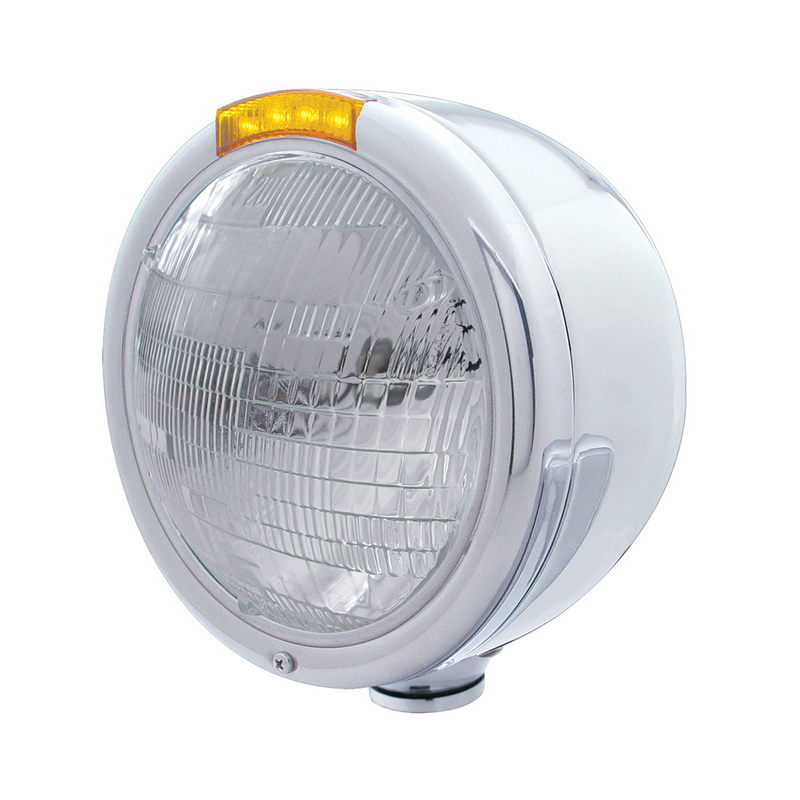 United Pacific Stainless Steel Classic Half Moon Headlight 6014 Bulb & LED Turn Signal Amber Lens 31719