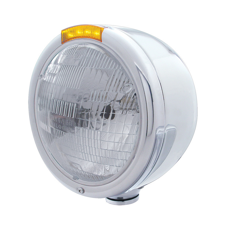 United Pacific Stainless Steel Classic Half Moon Headlight H6024 Bulb & LED Turn Signal Amber Lens 31722