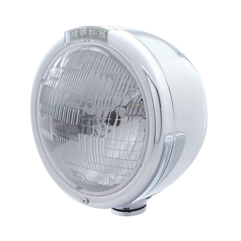 United Pacific Stainless Steel Classic Half Moon Headlight H6024 Bulb & LED Turn Signal Clear Lens 31723