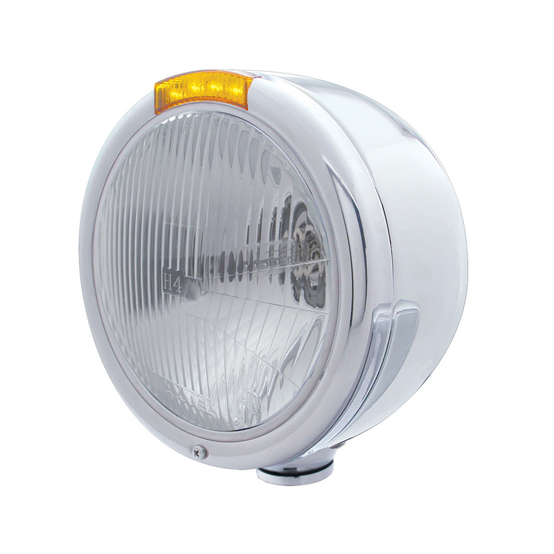 United Pacific Stainless Steel Classic Half Moon Headlight H4 Bulb & LED Turn Signal Amber Lens 31725