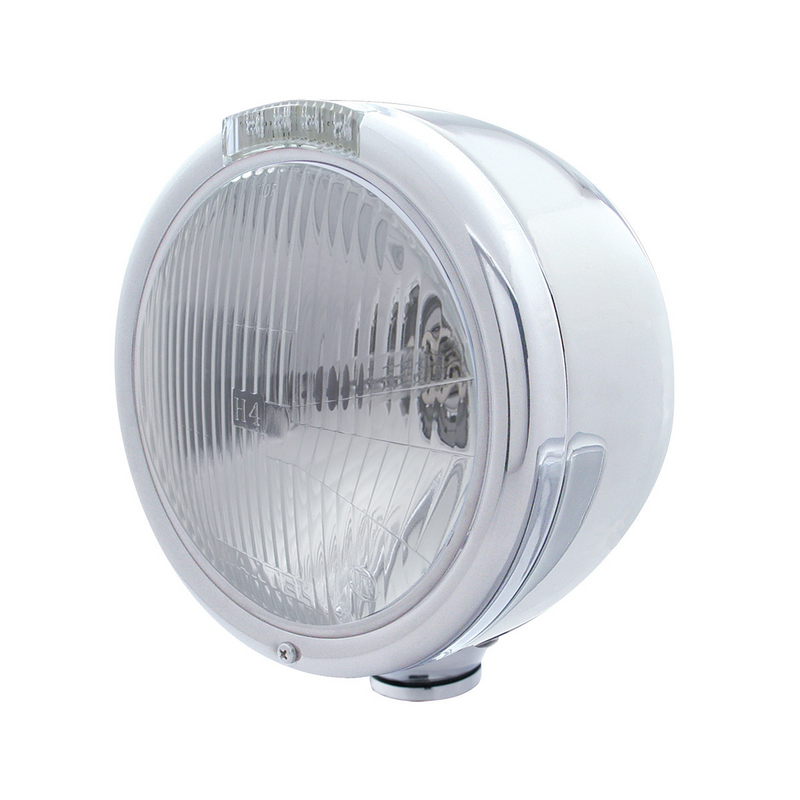 United Pacific Stainless Steel Classic Half Moon Headlight H4 Bulb & LED Turn Signal Clear Lens 31726