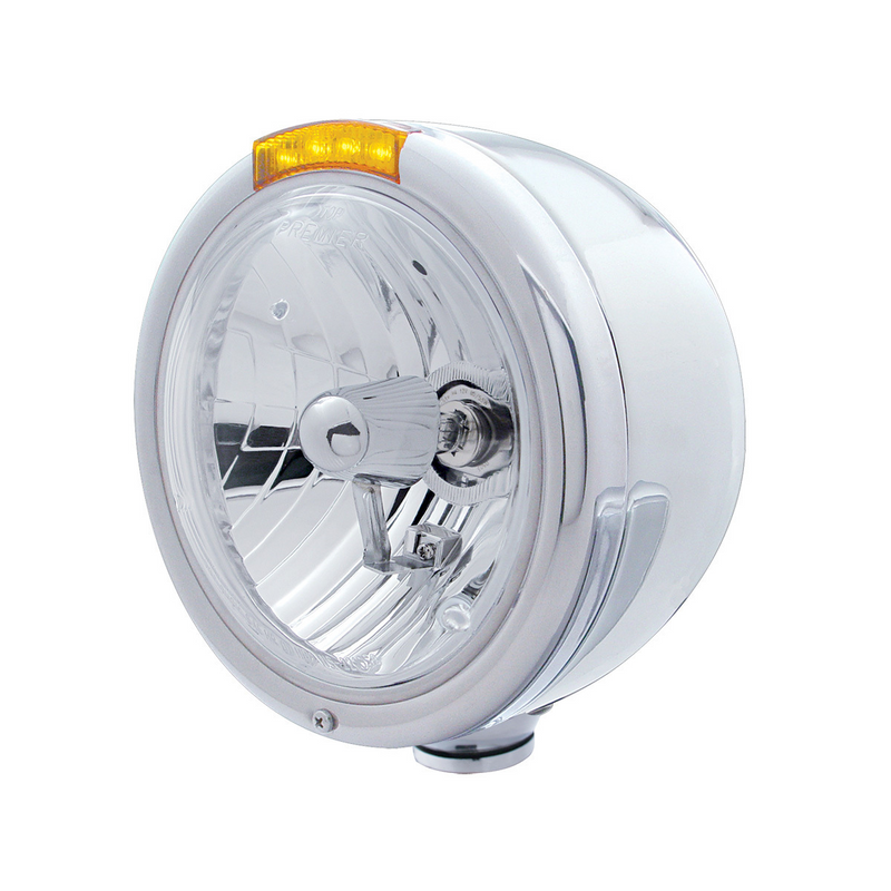 United Pacific Stainless Steel Classic Half Moon Headlight Crystal H4 Bulb & LED Turn Signal Amber Lens 31728