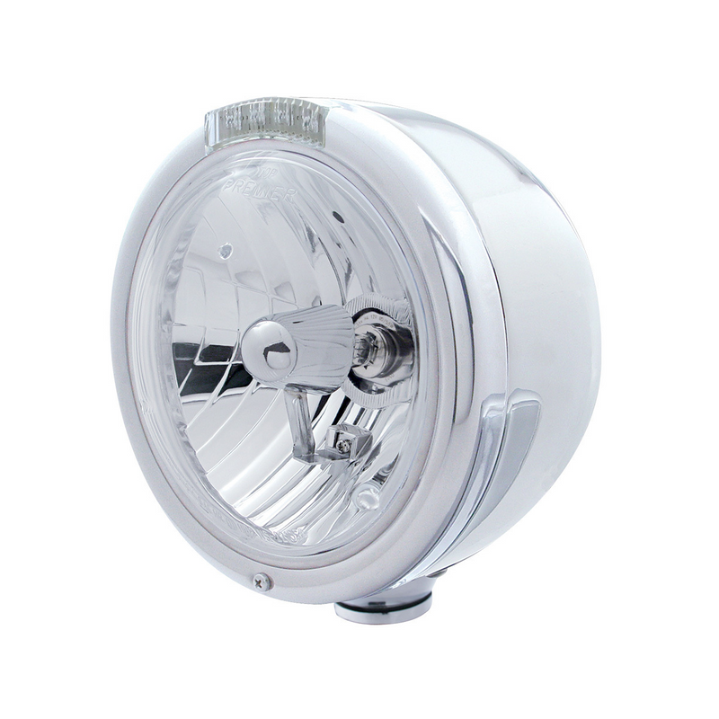 United Pacific Stainless Steel Classic Half Moon Headlight Crystal H4 Bulb & LED Turn Signal Clear Lens 31729