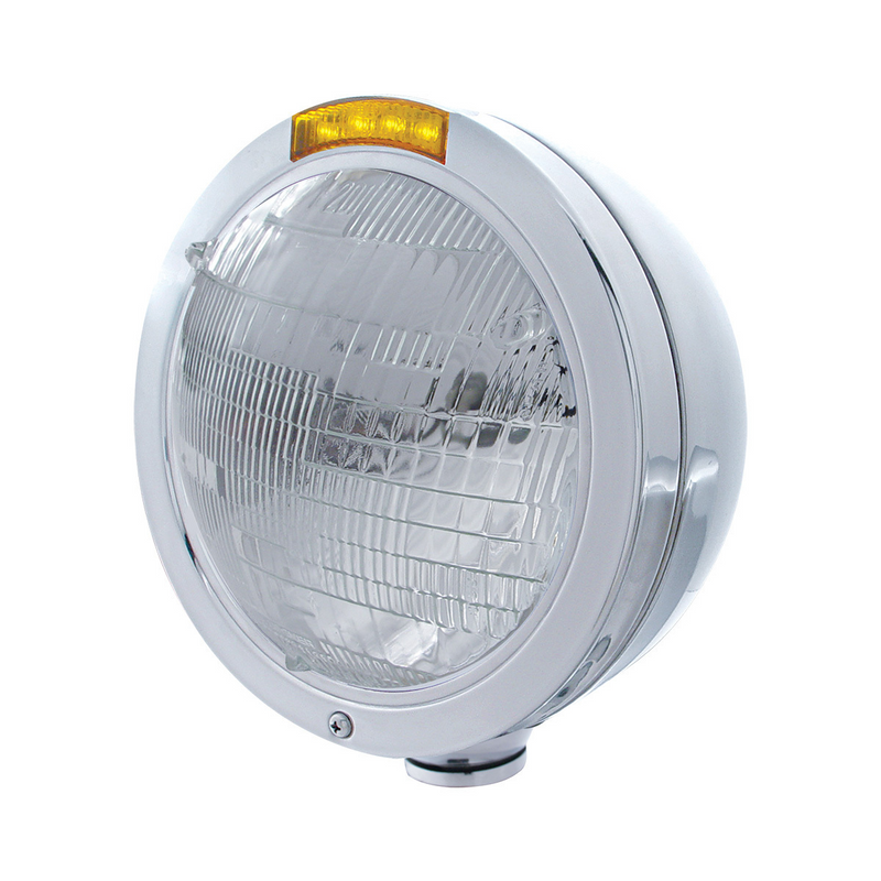 United Pacific Stainless Steel Bullet Classic Headlight 6014 Bulb & LED Turn Signal Amber Lens 31734