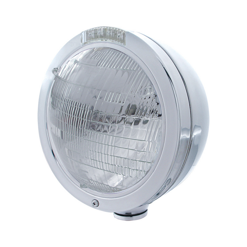 United Pacific Stainless Steel Bullet Classic Headlight 6014 Bulb & LED Turn Signal Clear Lens 31735