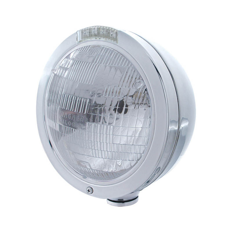 United Pacific Stainless Steel Bullet Classic Headlight H6024 Bulb & LED Turn Signal Clear Lens 31738