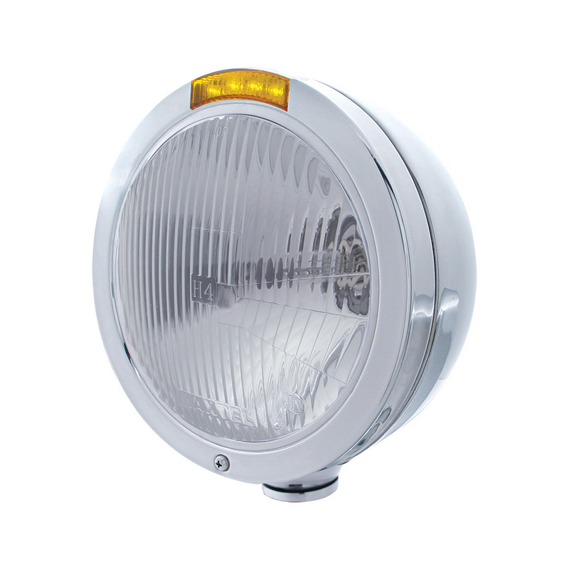 United Pacific Stainless Steel Bullet Classic Headlight H4 Bulb & LED Turn Signal Amber Lens 31740