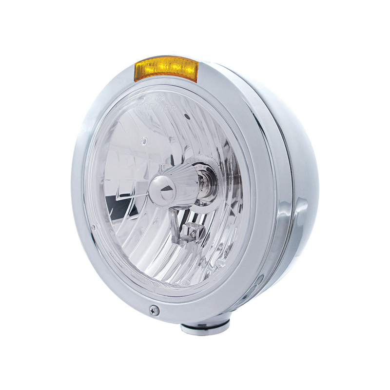 United Pacific Stainless Steel Bullet Classic Headlight Crystal H4 Bulb & LED Turn Signal Amber Lens 31743