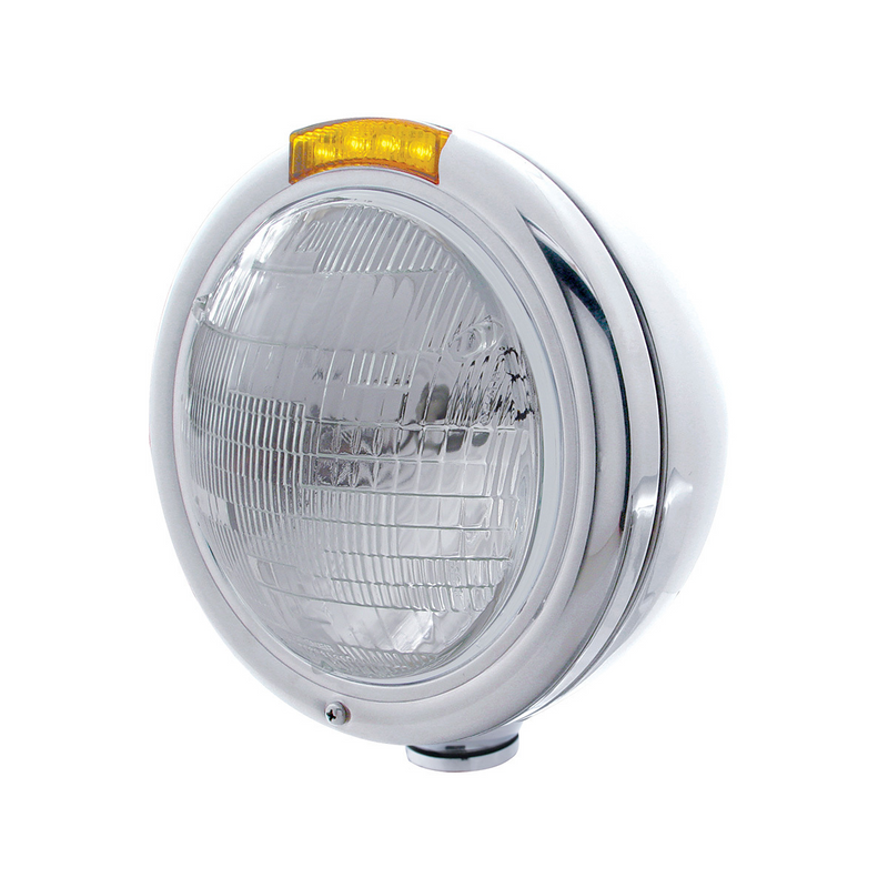 United Pacific Stainless Steel Classic Headlight 6014 Bulb & LED Turn Signal Amber Lens 31749