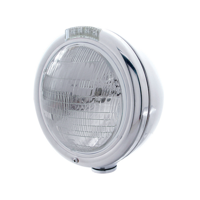 United Pacific Stainless Steel Classic Headlight 6014 Bulb & LED Turn Signal Clear Lens 31750