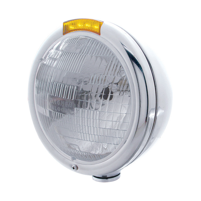 United Pacific Stainless Steel Classic Headlight H6024 Bulb & LED Turn Signal Amber Lens 31752