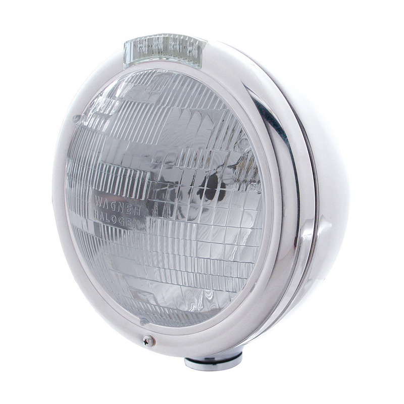 United Pacific Stainless Steel Classic Headlight H6024 Bulb & LED Turn Signal Clear Lens 31753