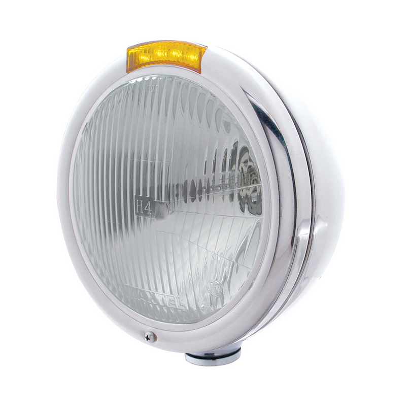 United Pacific Stainless Steel Classic Headlight H4 Bulb & LED Turn Signal Amber Lens 31755