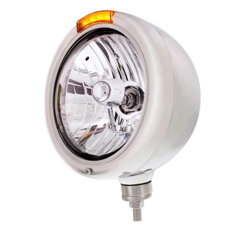 United Pacific Stainless Steel Classic Headlight Crystal H4 Bulb & LED Turn Signal Amber Lens 31758
