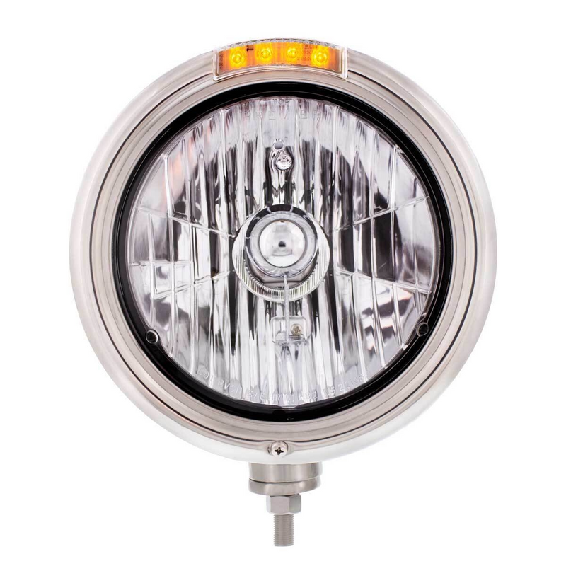 United Pacific Stainless Steel Classic Headlight Crystal H4 Bulb & LED Turn Signal Clear Lens 31759