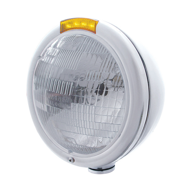 United Pacific Chrome Classic Headlight H6024 Bulb & LED Turn Signal Amber Lens 31767