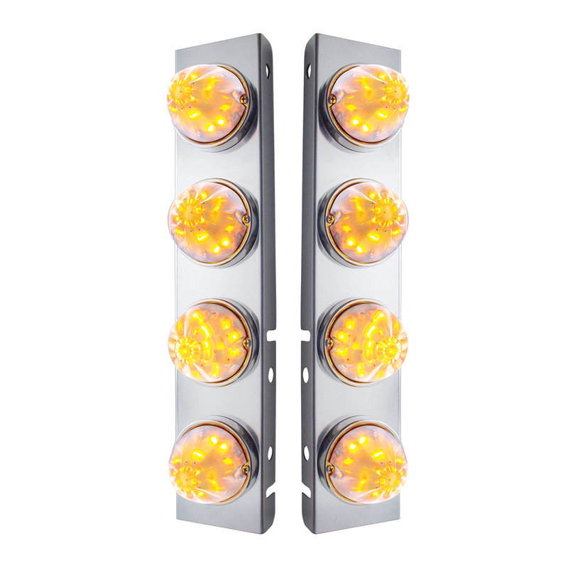 United Pacific SS Front Air Cleaner Bracket With 8X 17 LED Watermelon Lights & SS Bezels For Peterbilt -Amber LED/Clear Lens 31975