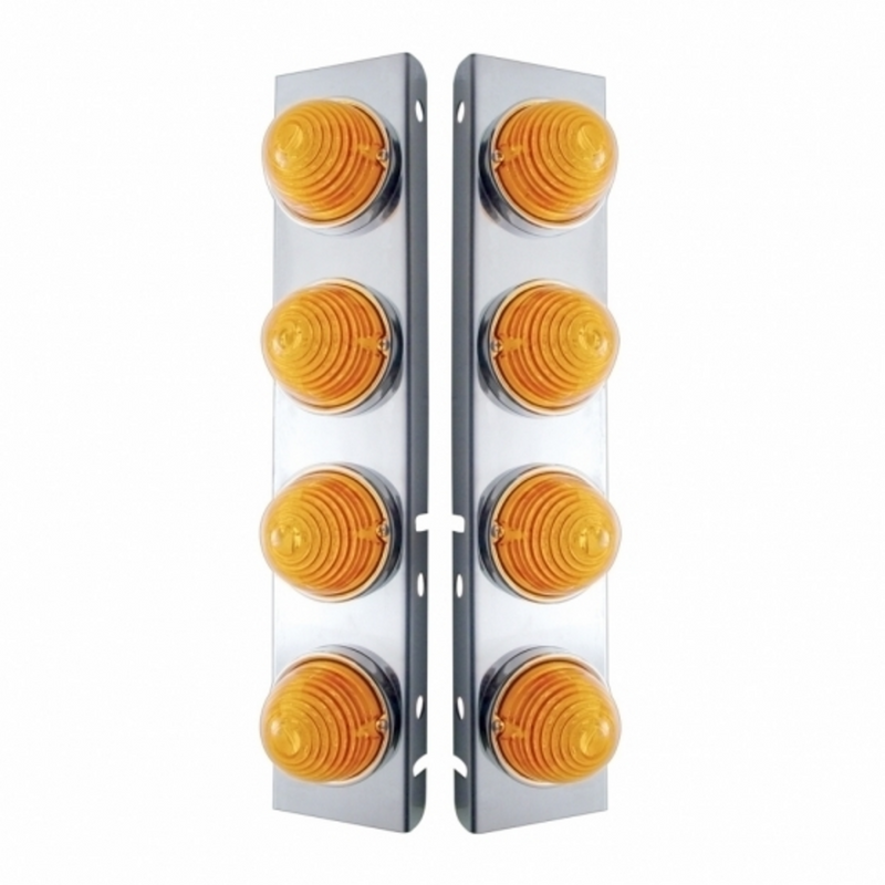 United Pacific SS Front Air Cleaner Bracket W/8X 17 LED Beehive Lights & SS Bezels For Peterbilt -Amber LED & Lens (Pair) 31976