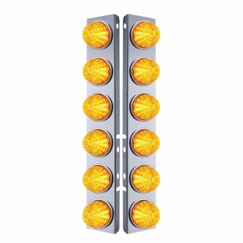 United Pacific SS Front Air Cleaner Bracket W/12X 17 LED Beehive Lights & SS Bezels For Peterbilt-Amber LED & Lens (Pair) 31980