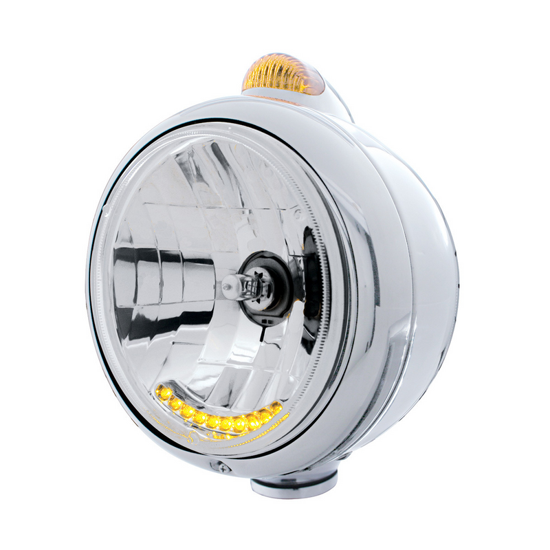 United Pacific Stainless Steel Guide 682-C Headlight H4 With 6 Amber LED & Dual Mode LED Signal-Amber Lens 32036
