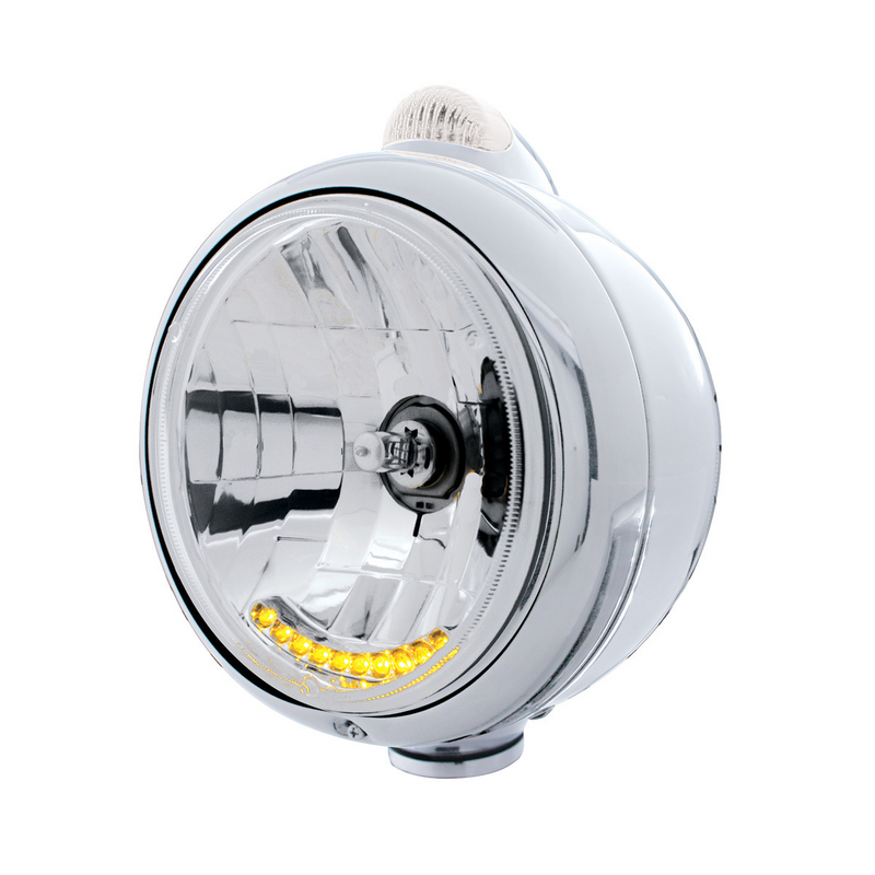 United Pacific Stainless Steel Guide 682-C Headlight H4 With 6 Amber LED & Dual Mode LED Signal-Clear Lens 32037