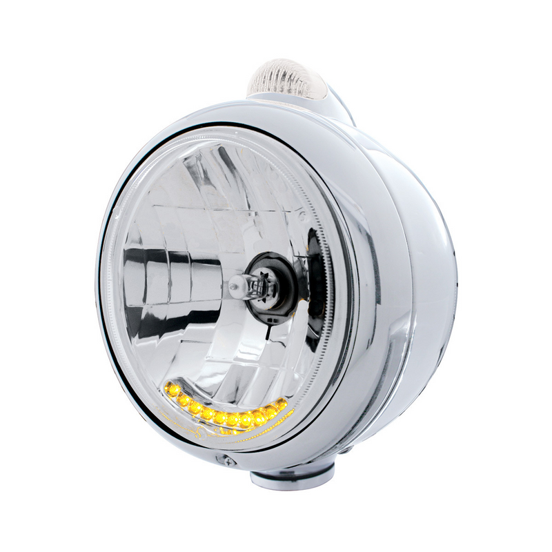 United Pacific Chrome Guide 682-C Headlight H4 With 10 Amber LED & Dual Mode LED Signal Clear Lens 32041