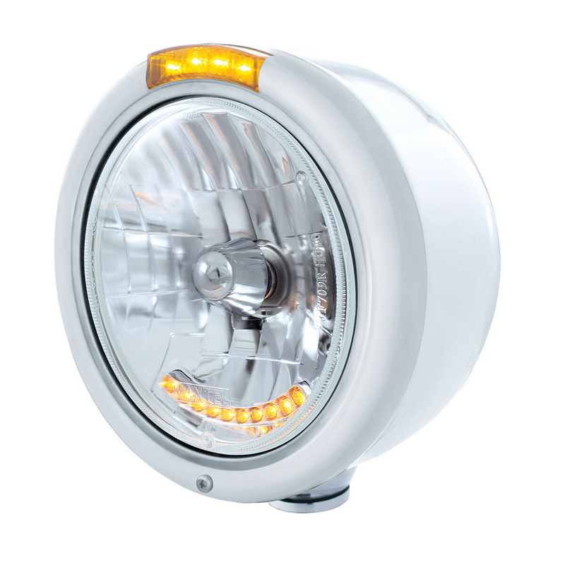 United Pacific Stainless Steel Classic Half Moon Headlight H4 With LED Turn Signal Amber LED/Lens 32059