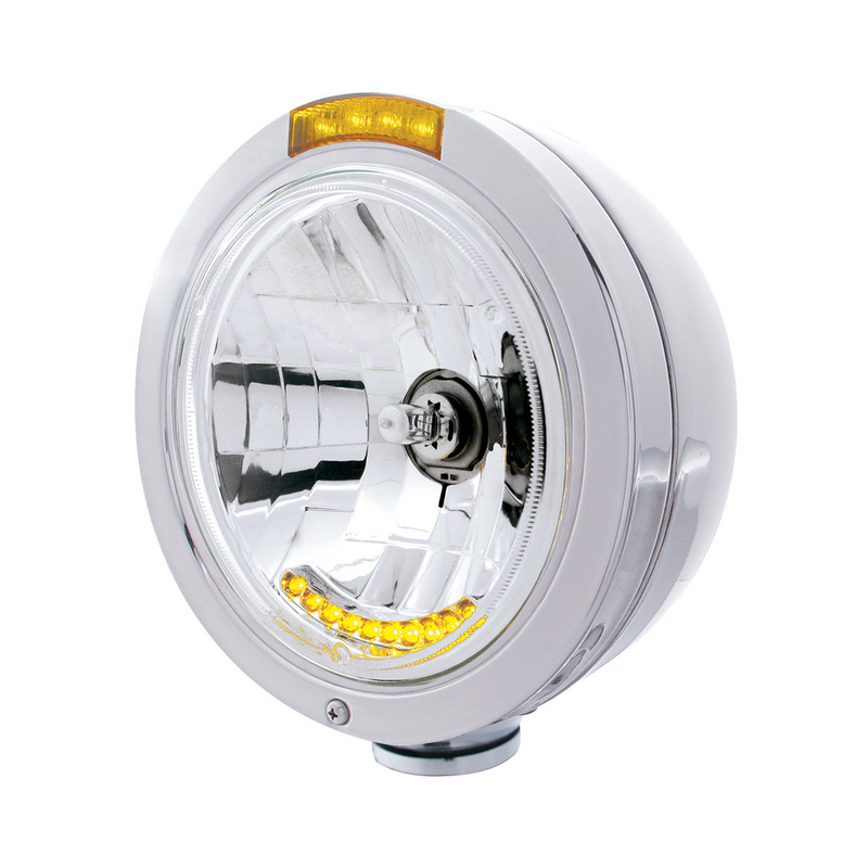 United Pacific Stainless Steel Bullet Classic Headlight H4 With 10 Amber LED & Dual Mode LED Signal Amber Lens 32091
