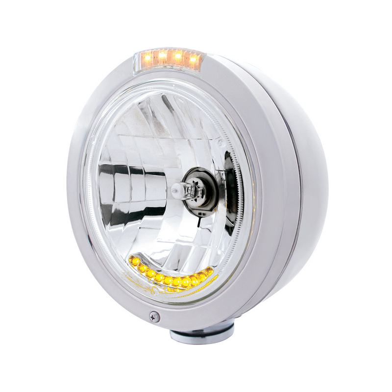 United Pacific Stainless Steel Bullet Classic Headlight H4 With 10 Amber LED & LED Signal Clear Lens 32094