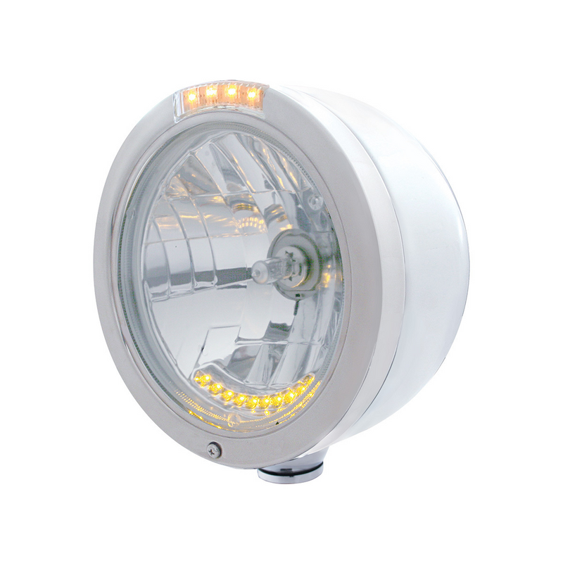 United Pacific Stainless Steel Bullet Half Moon Headlight H4 With 10 Amber LED & Dual Mode LED Signal-Clear Lens 32096