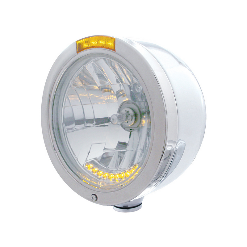 United Pacific Stainless Steel Bullet Half Moon Headlight H4 With 10 Amber LED & Signal Amber Lens 32097