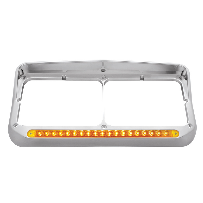 United Pacific Chrome Rectangular Dual Headlight Bezel With Visor & 19 LED Light Bar Amber LED/Amber Lens 32346