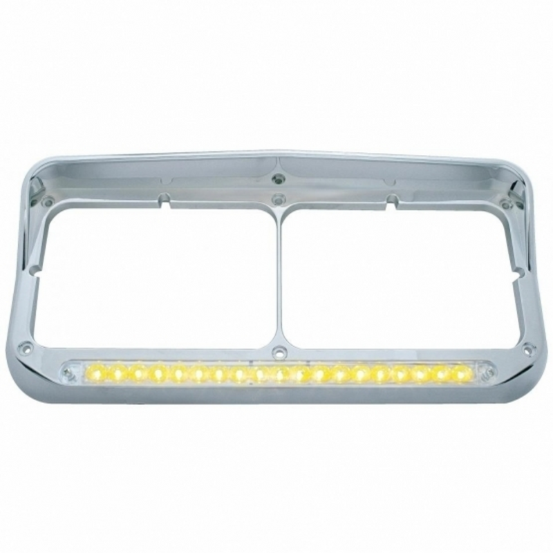 United Pacific Chrome Rectangular Dual Headlight Bezel With Visor & 19 LED Light Bar Amber LED/Clear Lens 32347
