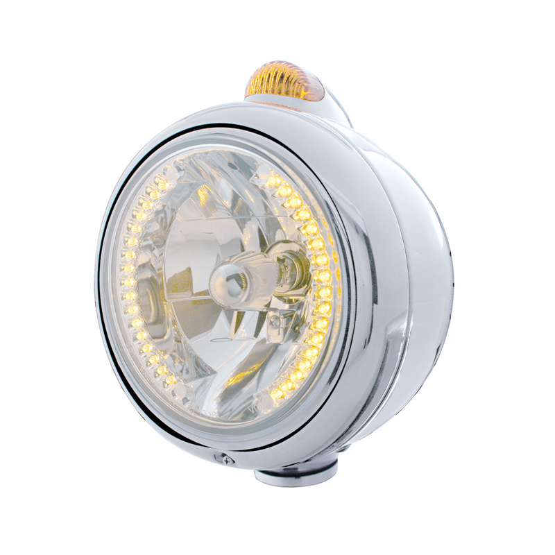 United Pacific Chrome Guide 682-C Headlight H4 With Amber LED & Dual Mode LED Signal Amber Lens 32426