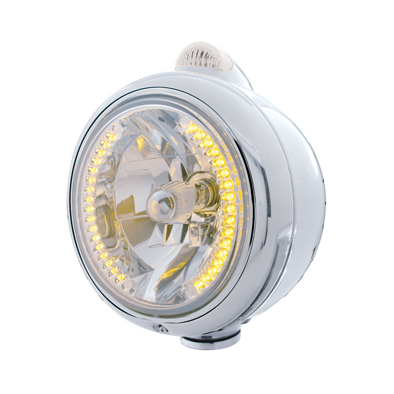 United Pacific Chrome Guide 682-C Headlight H4 With Amber LED & Dual Mode LED Signal Clear Lens 32427