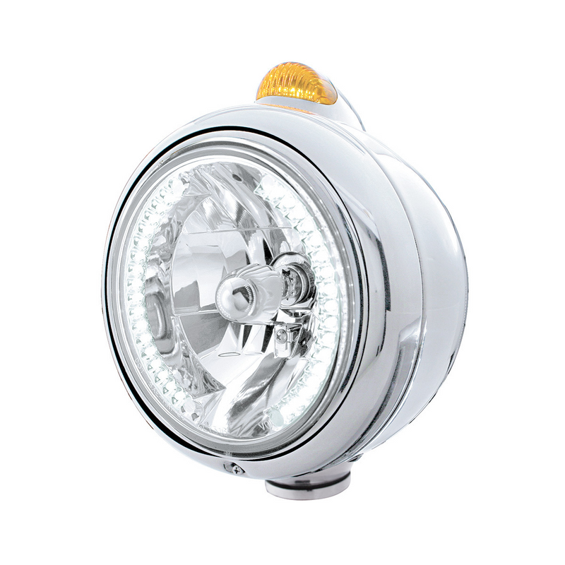 United Pacific Chrome Guide 682-C Headlight H4 With White LED & Dual Mode LED Signal Amber Lens 32438