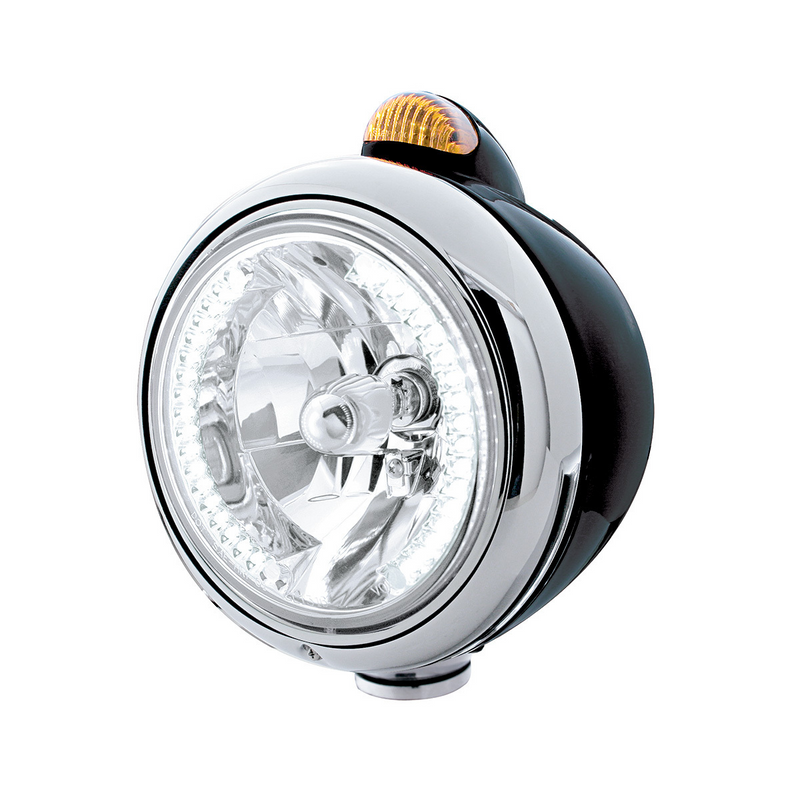 United Pacific Black Guide 682-C Headlight H4 With White LED & Dual Mode LED Signal Amber Lens 32442