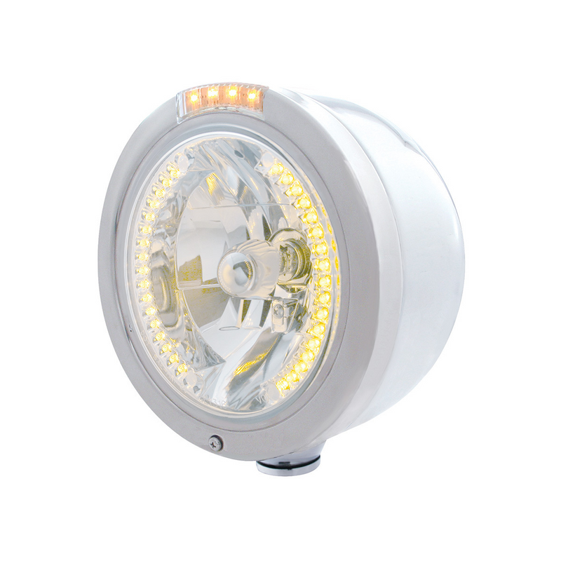 United Pacific Stainless Steel Bullet Half Moon Headlight H4 With Amber LED & Signal Clear Lens 32449