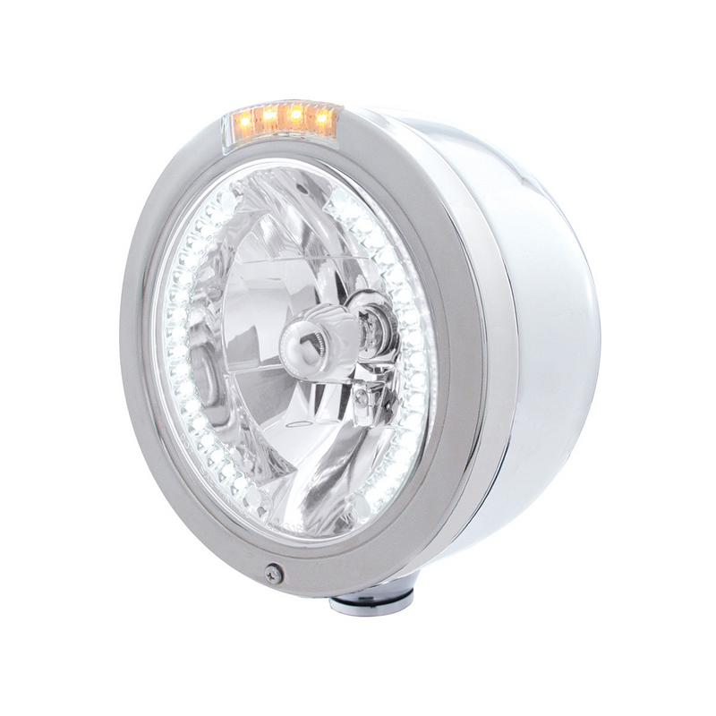United Pacific Stainless Steel Bullet Half Moon Headlight H4 With White LED & Dual Mode LED Signal-Clear Lens 32451