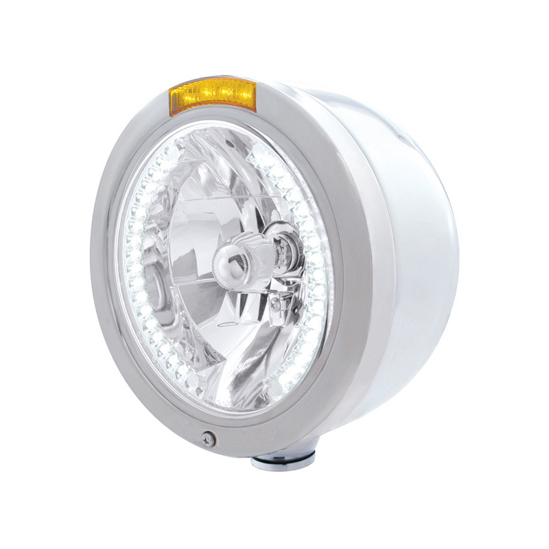 United Pacific Stainless Steel Bullet Half Moon Headlight H4 With White LED & Signal Amber Lens 32452