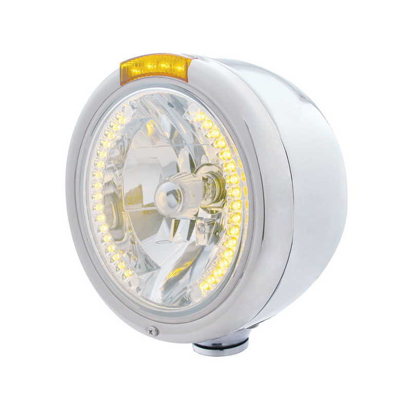 United Pacific Stainless Steel Classic Half Moon Headlight H4 With Amber LED & Dual Mode LED Signal-Amber Lens 32454