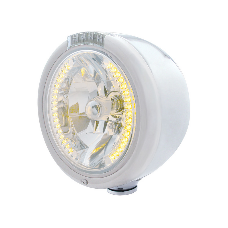 United Pacific Stainless Steel Classic Half Moon Headlight H4 With Amber LED & Dual Mode LED Signal-Clear Lens 32455