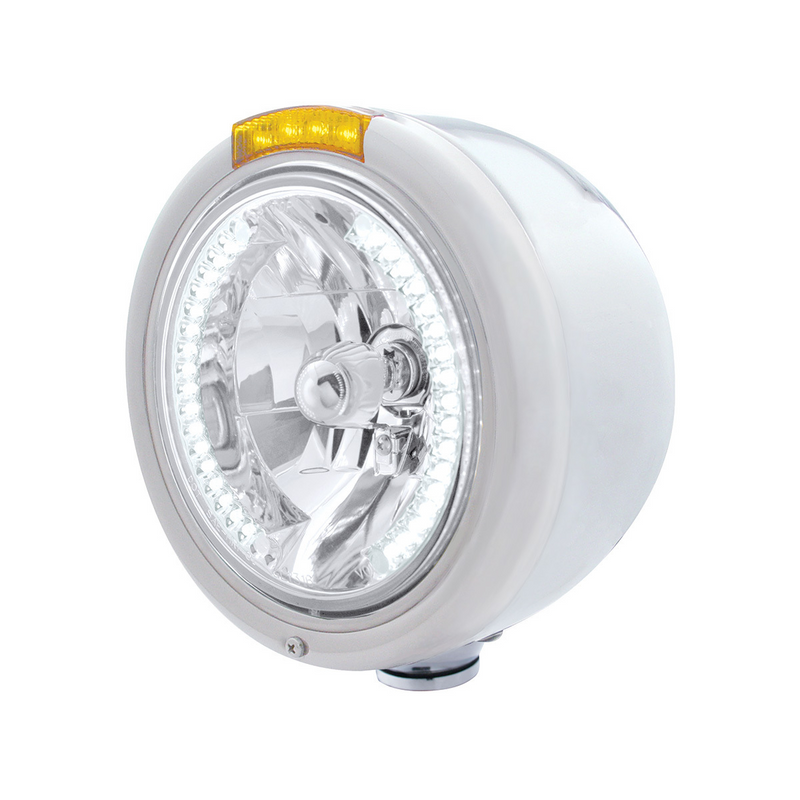 United Pacific Stainless Steel Classic Half Moon Headlight H4 With White LED & Signal Amber Lens 32460