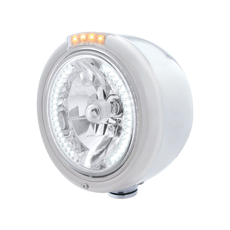 United Pacific Stainless Steel Classic Half Moon Headlight H4 With White LED & Signal Clear Lens 32461