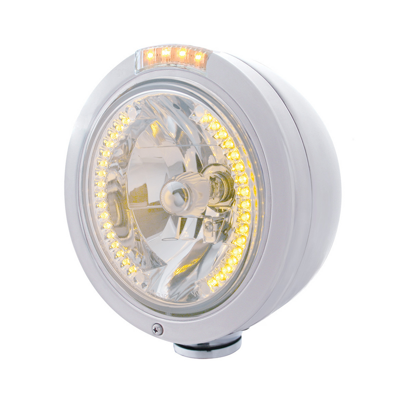 United Pacific Stainless Steel Bullet Classic Headlight H4 With Amber LED & Dual Mode LED Signal Clear Lens 32463