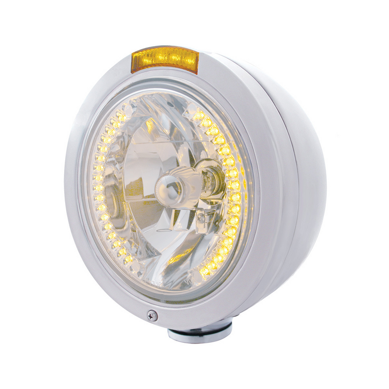 United Pacific Stainless Steel Bullet Classic Headlight H4 With Amber LED & Signal Amber Lens 32464
