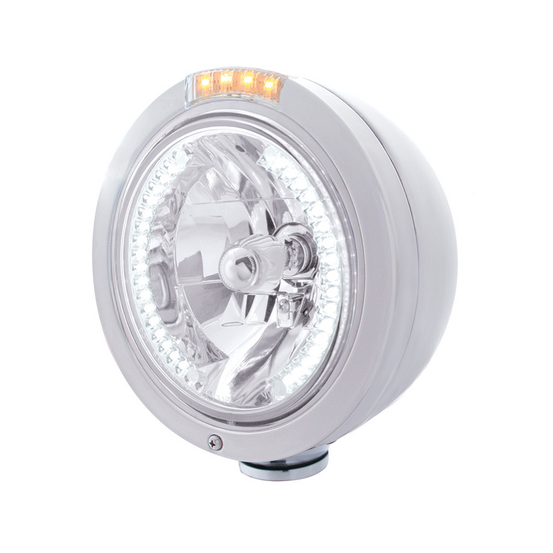 United Pacific Stainless Steel Bullet Classic Headlight H4 With White LED & Dual Mode LED Signal-Clear Lens 32467