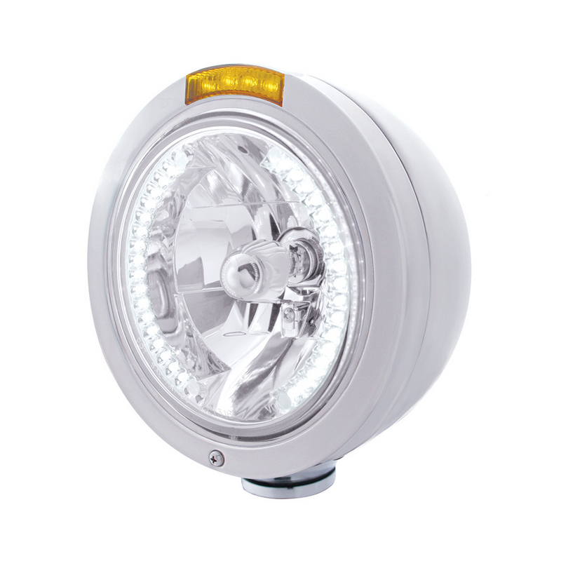 United Pacific Stainless Steel Bullet Classic Headlight H4 With White LED & Signal Amber Lens 32468